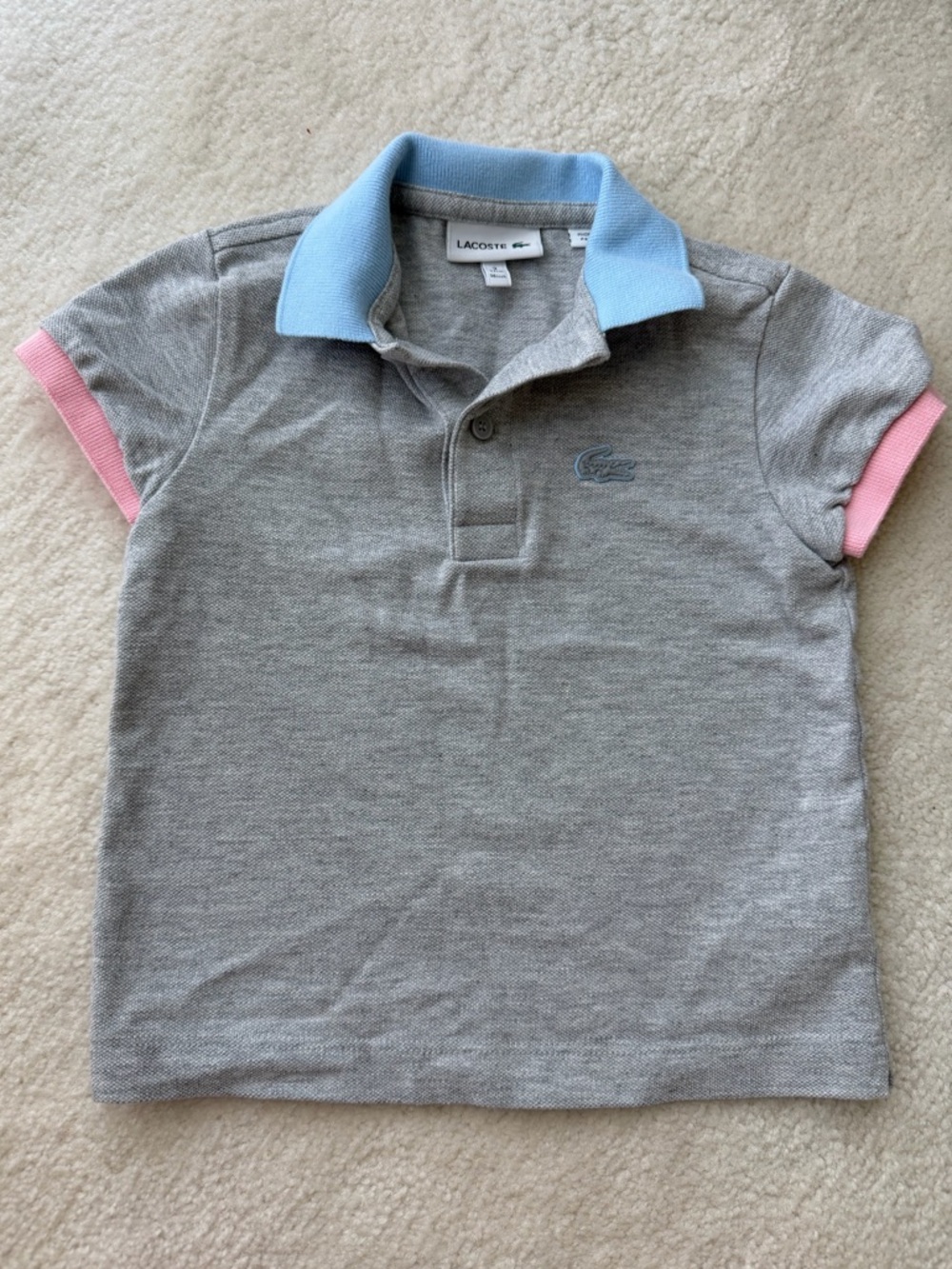 BNWT Lacoste Kids Grey Polo with Light Blue Collar and Pink Sleeve Trim